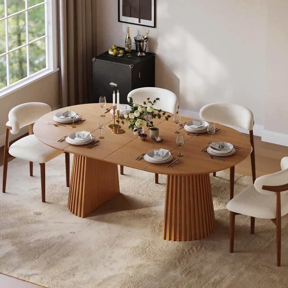 47"–79" Natural Oak Extendable Dining Table with Fluted Base window image