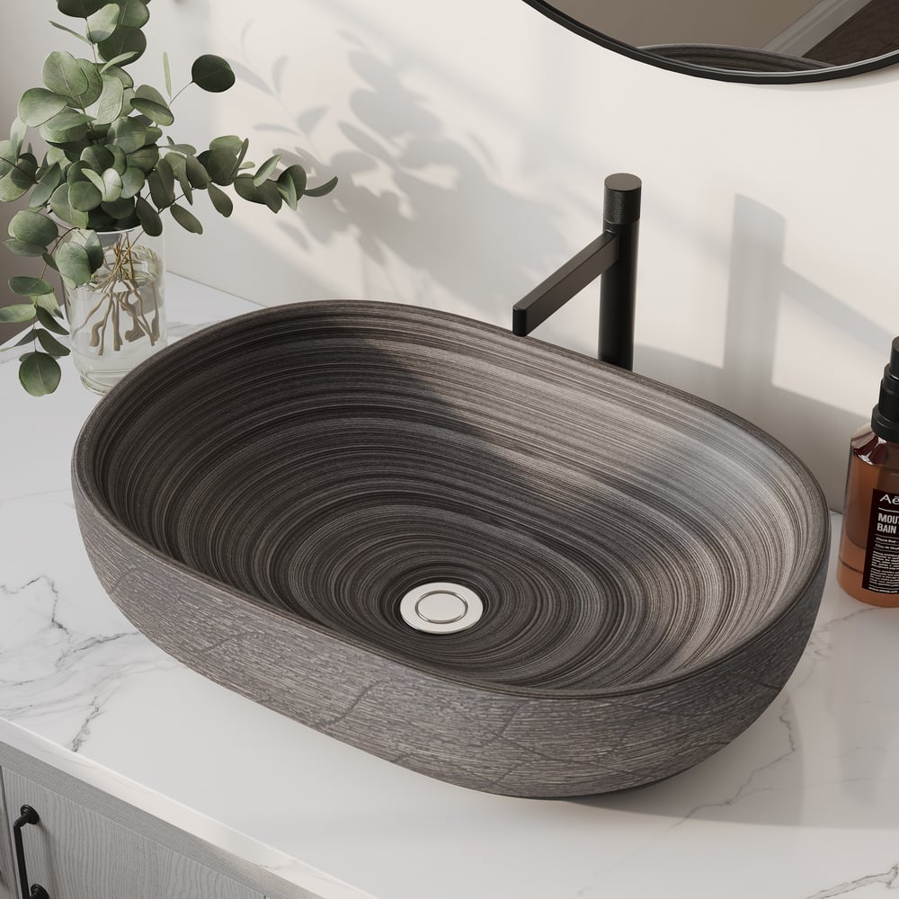 23" Grey Oval Ceramic Bathroom Sink – Matte Glazed Vessel Sink window image