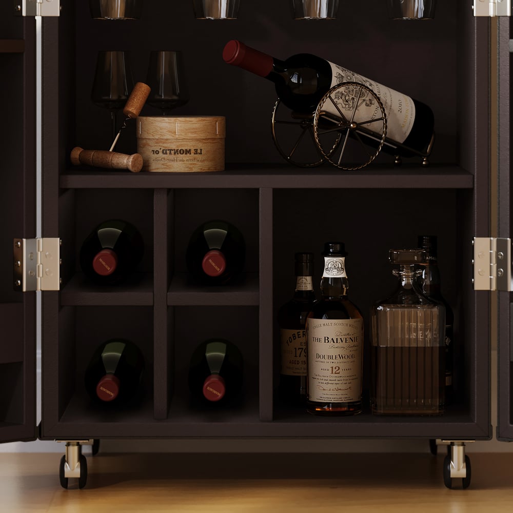 Saddle Leather Mobile Wine Cabinet with Glass Racks and Storage Doors window image