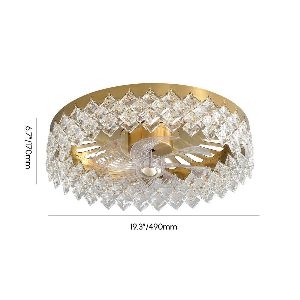 Golden Crystal Fan Lamp with Adjustable Brightness & Color and Diamond Decor weights dimensions image
