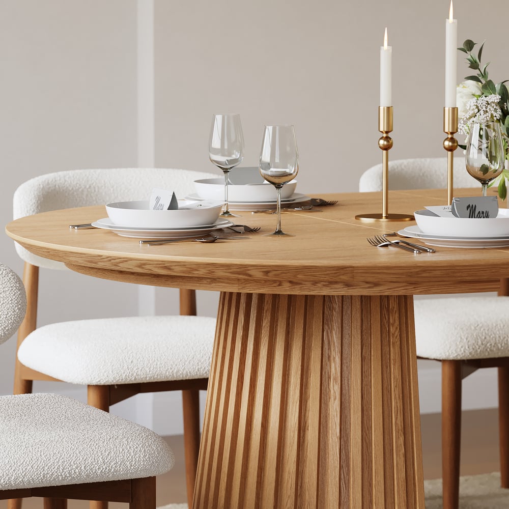 47"–79" Natural Oak Extendable Dining Table with Fluted Base window image