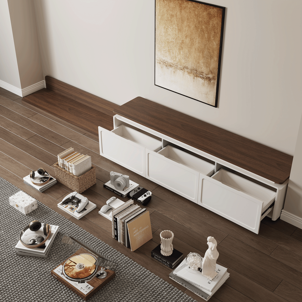 Ambra Extendable TV Stand with 3 Drawers and Light Coffee Table Set window image