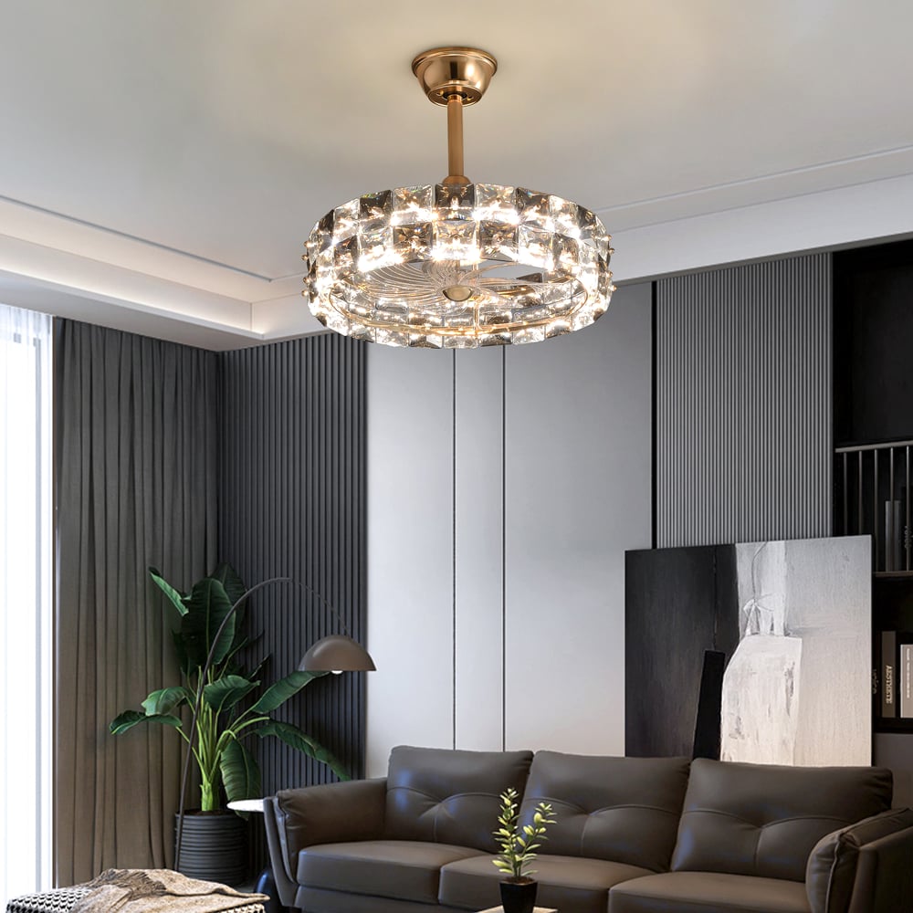 Golden Fan Lamp Made of High-Quality Crystal with Adjustable Brightness & Color window image