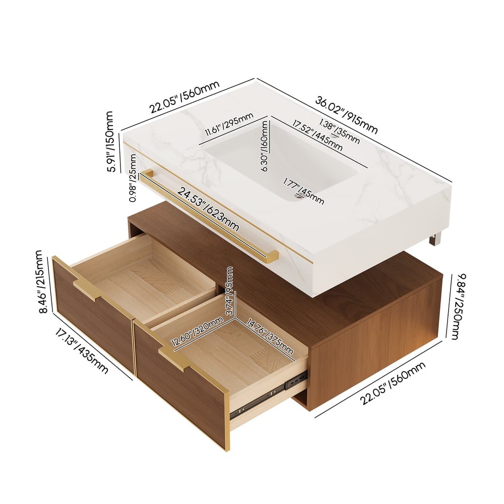 36" Modern Wall-Mounted Bathroom Vanity with LED Light, Walnut Cabinet & Ceramic Sink weights dimensions image