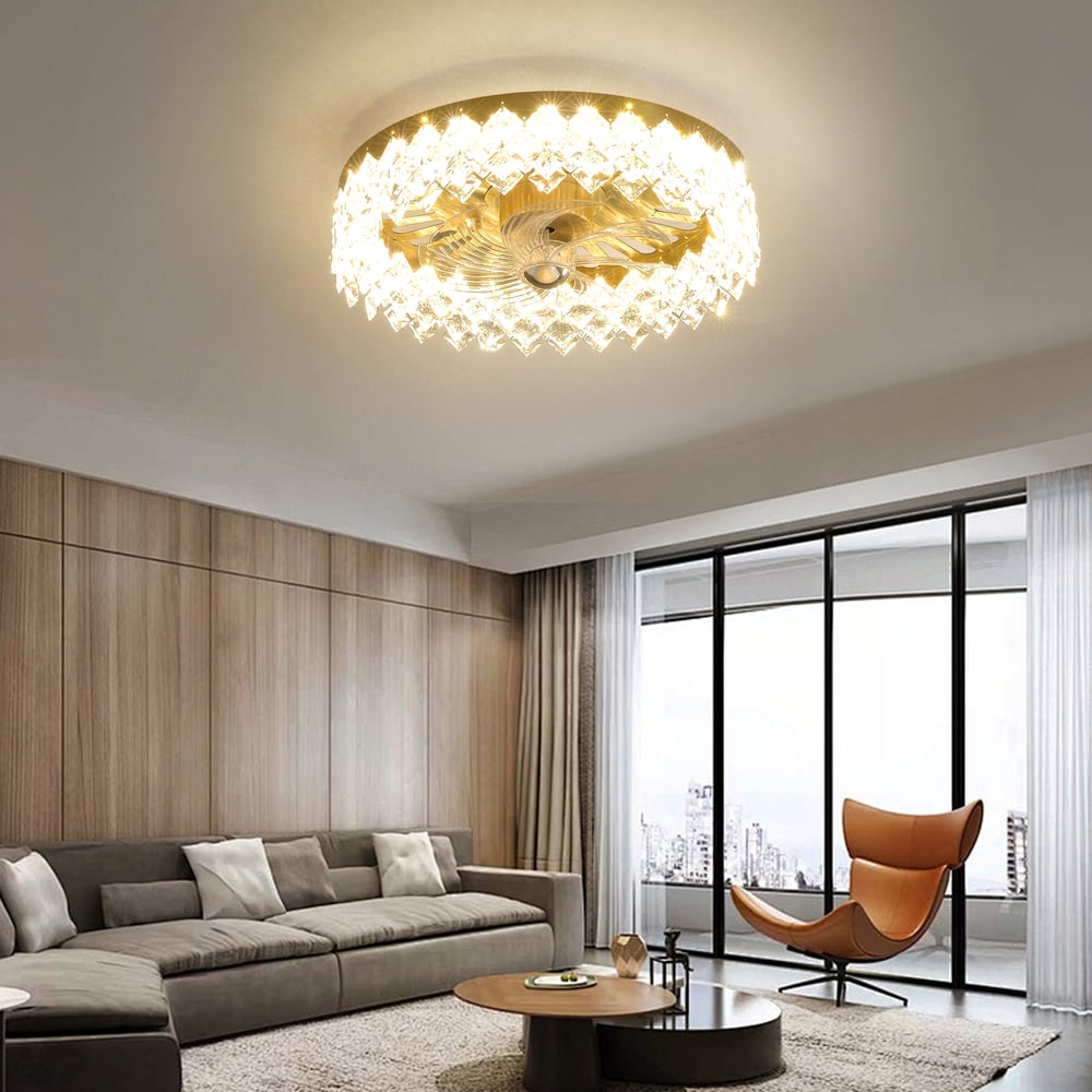 Golden Crystal Fan Lamp with Adjustable Brightness & Color and Diamond Decor window image