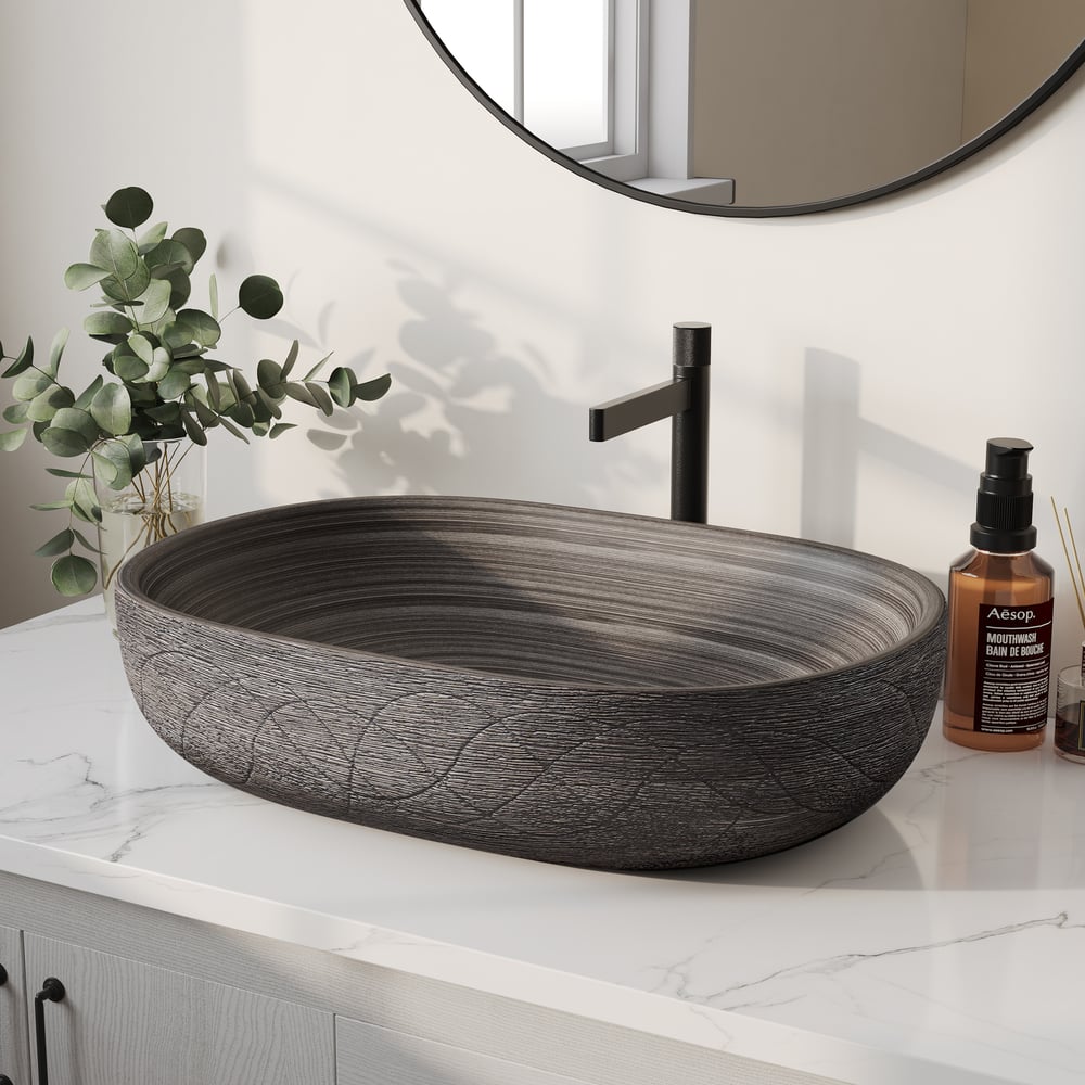 23" Grey Oval Ceramic Bathroom Sink – Matte Glazed Vessel Sink window image