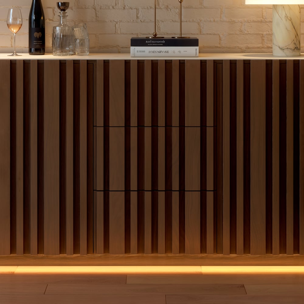Aura 60" Faux Travertine Top Buffet Sideboard with Ash Wood Slatted Panels & Light window image
