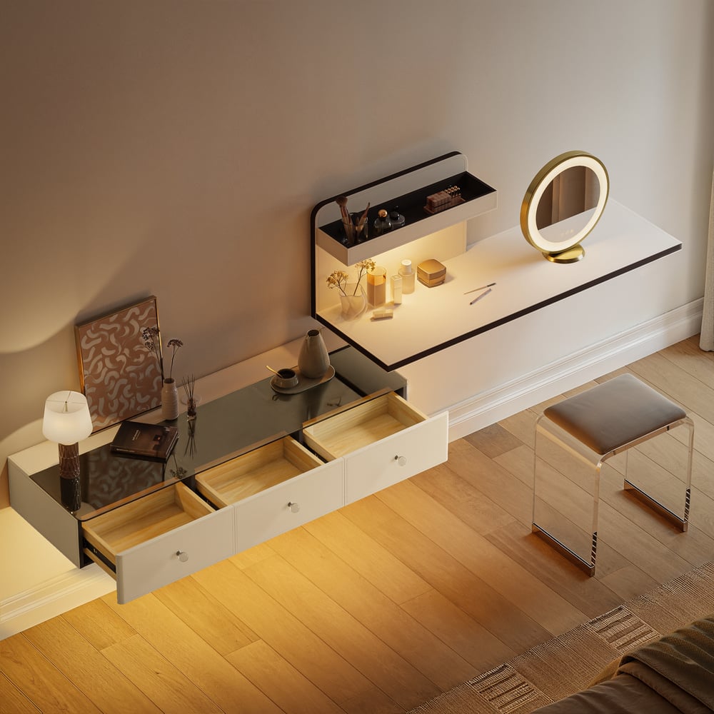Saddle Leather Floating Makeup Vanity with Tempered Glass Top & Mirror window image