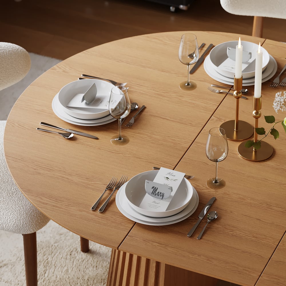 47"–79" Natural Oak Extendable Dining Table with Fluted Base window image