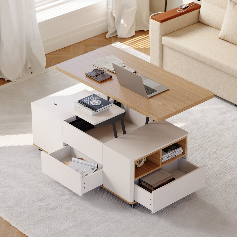 47" Lift-Top Foldable Natural & White Coffee Table with Drawers & Cabinet window image