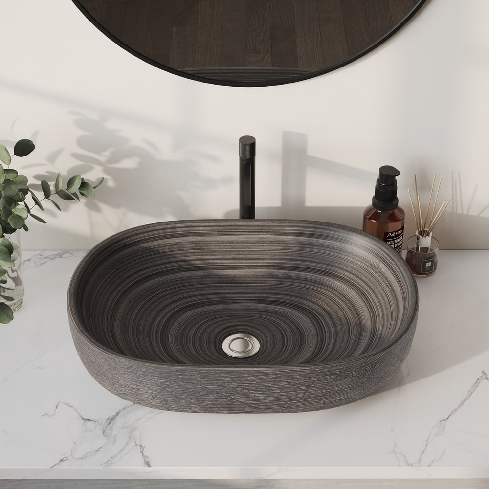 23" Grey Oval Ceramic Bathroom Sink – Matte Glazed Vessel Sink window image