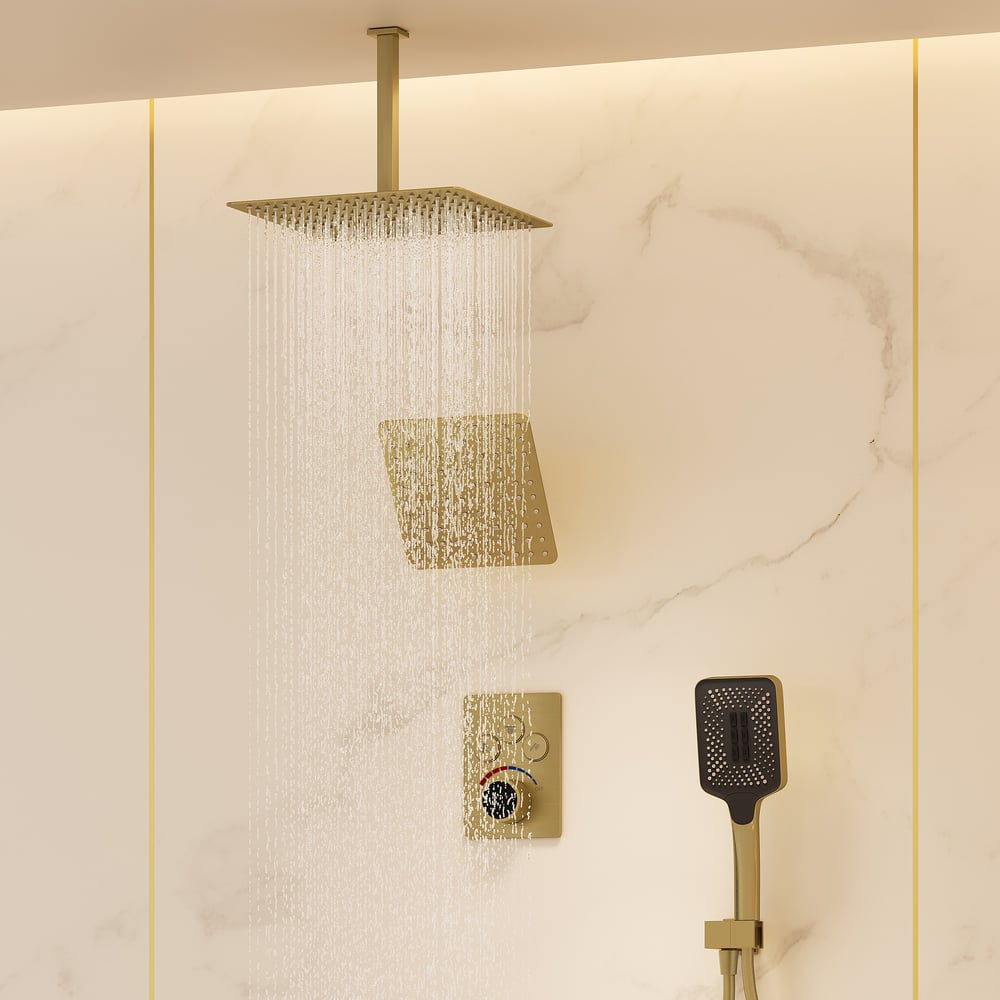 Dual Head Shower System – 12" Ceiling & 8" Wall Shower with Handheld, Solid Brass window image
