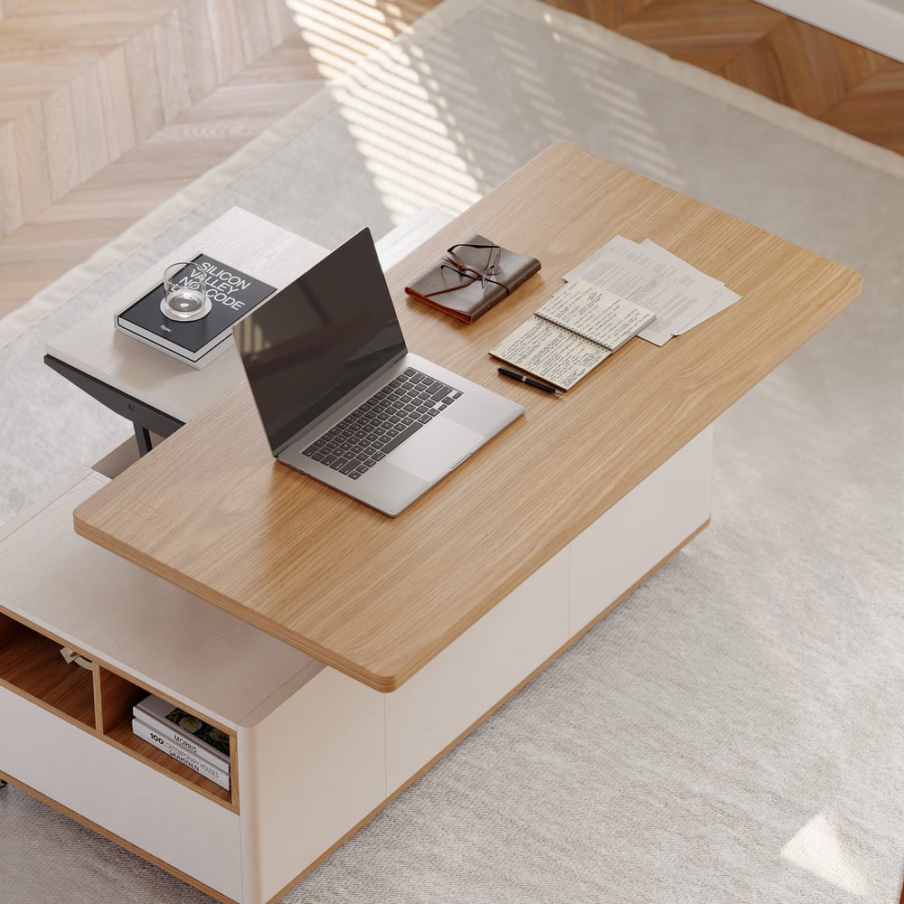 47" Lift-Top Foldable Natural & White Coffee Table with Drawers & Cabinet window image