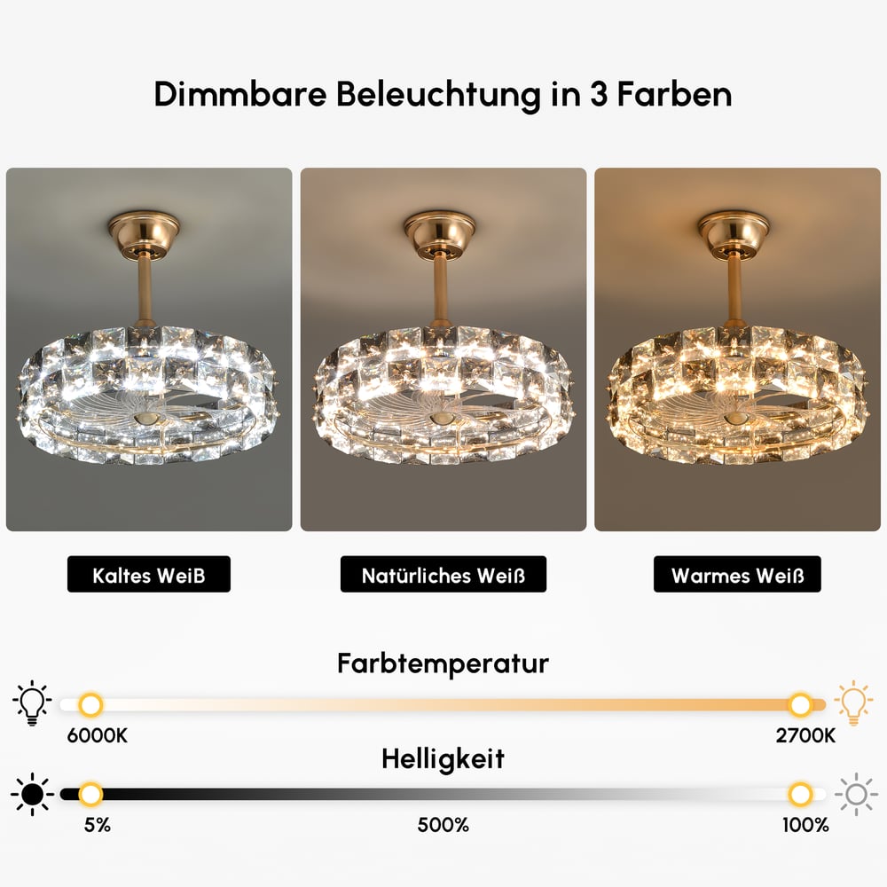 Golden Fan Lamp Made of High-Quality Crystal with Adjustable Brightness & Color window image