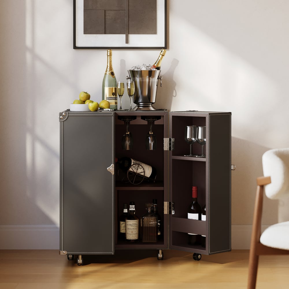 Saddle Leather Mobile Wine Cabinet with Glass Racks and Storage Doors window image