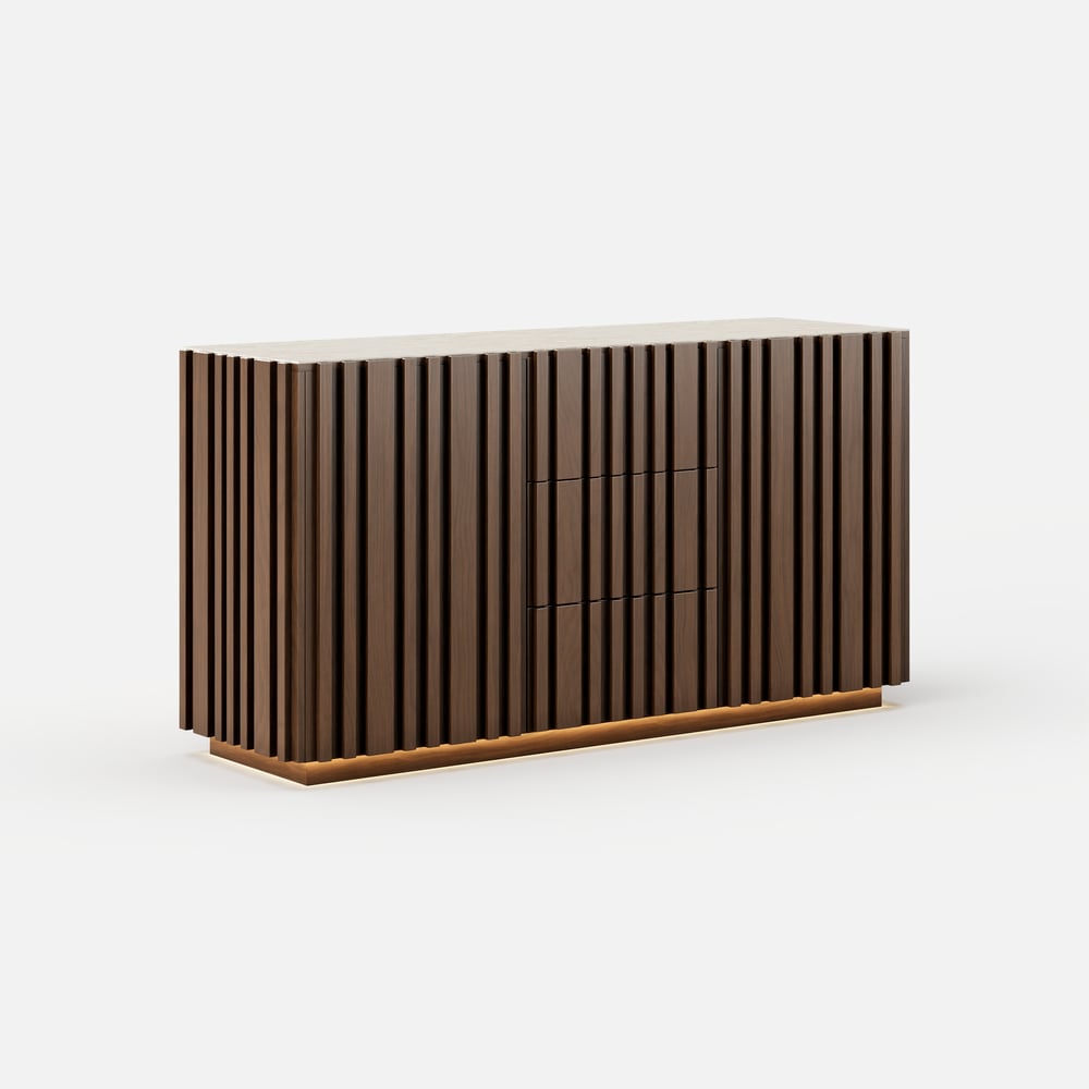 Aura 60" Faux Travertine Top Buffet Sideboard with Ash Wood Slatted Panels & Light window image