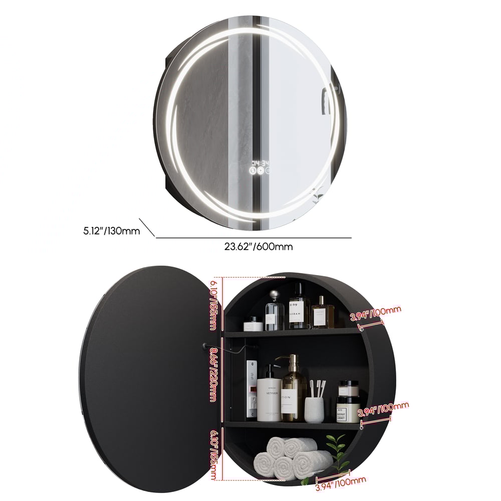 23.6" Round LED Medicine Cabinet with Storage, Anti-Fog, Dimmable — Black weights dimensions image
