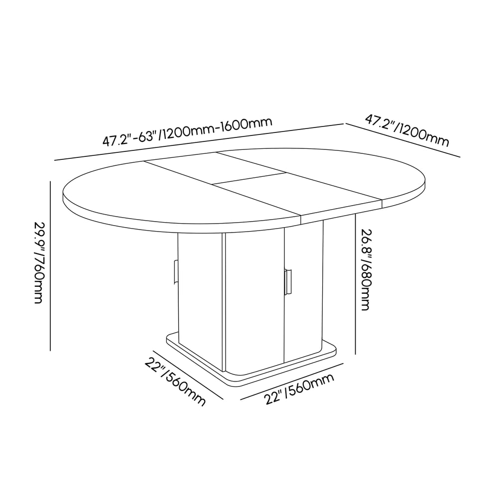 47"-63" Gray Extendable Dining Table with Fluted Base and Storage weights dimensions image