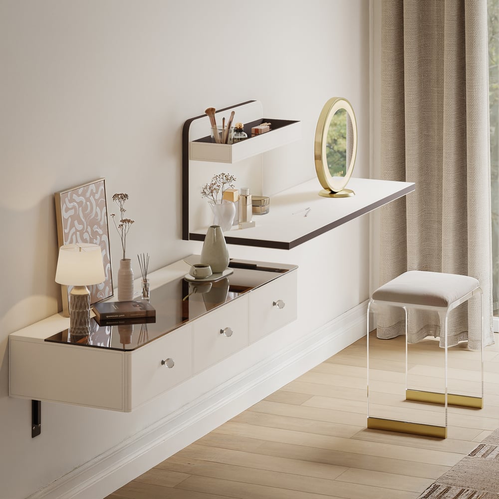 Saddle Leather Floating Makeup Vanity with Tempered Glass Top & Mirror window image
