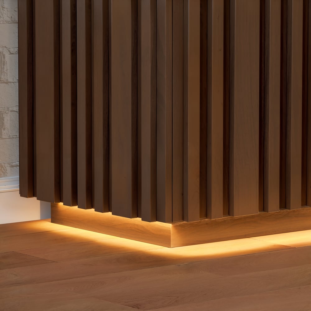 Aura 60" Faux Travertine Top Buffet Sideboard with Ash Wood Slatted Panels & Light window image