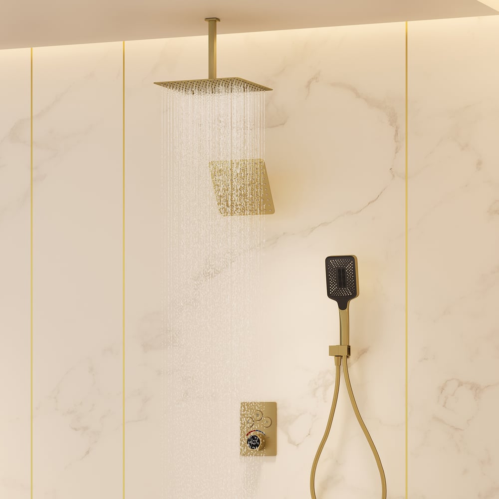 Dual Head Shower System – 12" Ceiling & 8" Wall Shower with Handheld, Solid Brass window image