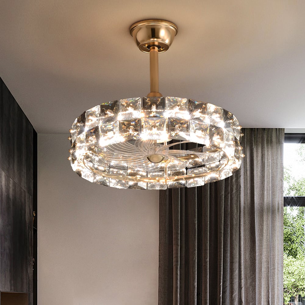 Golden Fan Lamp Made of High-Quality Crystal with Adjustable Brightness & Color window image