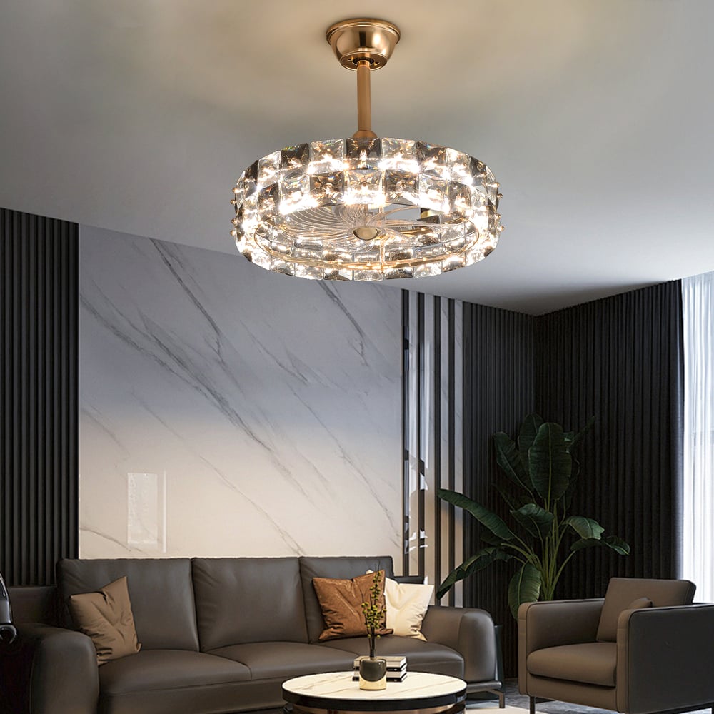 Golden Fan Lamp Made of High-Quality Crystal with Adjustable Brightness & Color window image