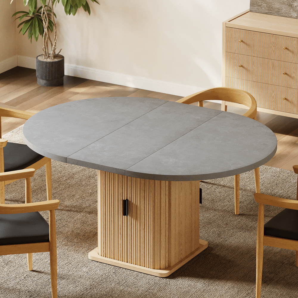 47"-63" Gray Extendable Dining Table with Fluted Base and Storage window image