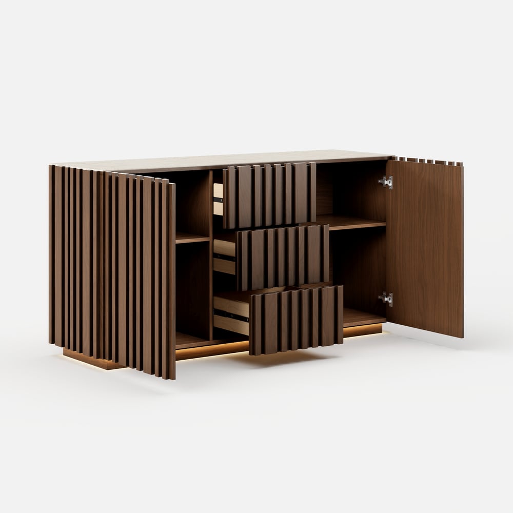 Aura 60" Faux Travertine Top Buffet Sideboard with Ash Wood Slatted Panels & Light window image
