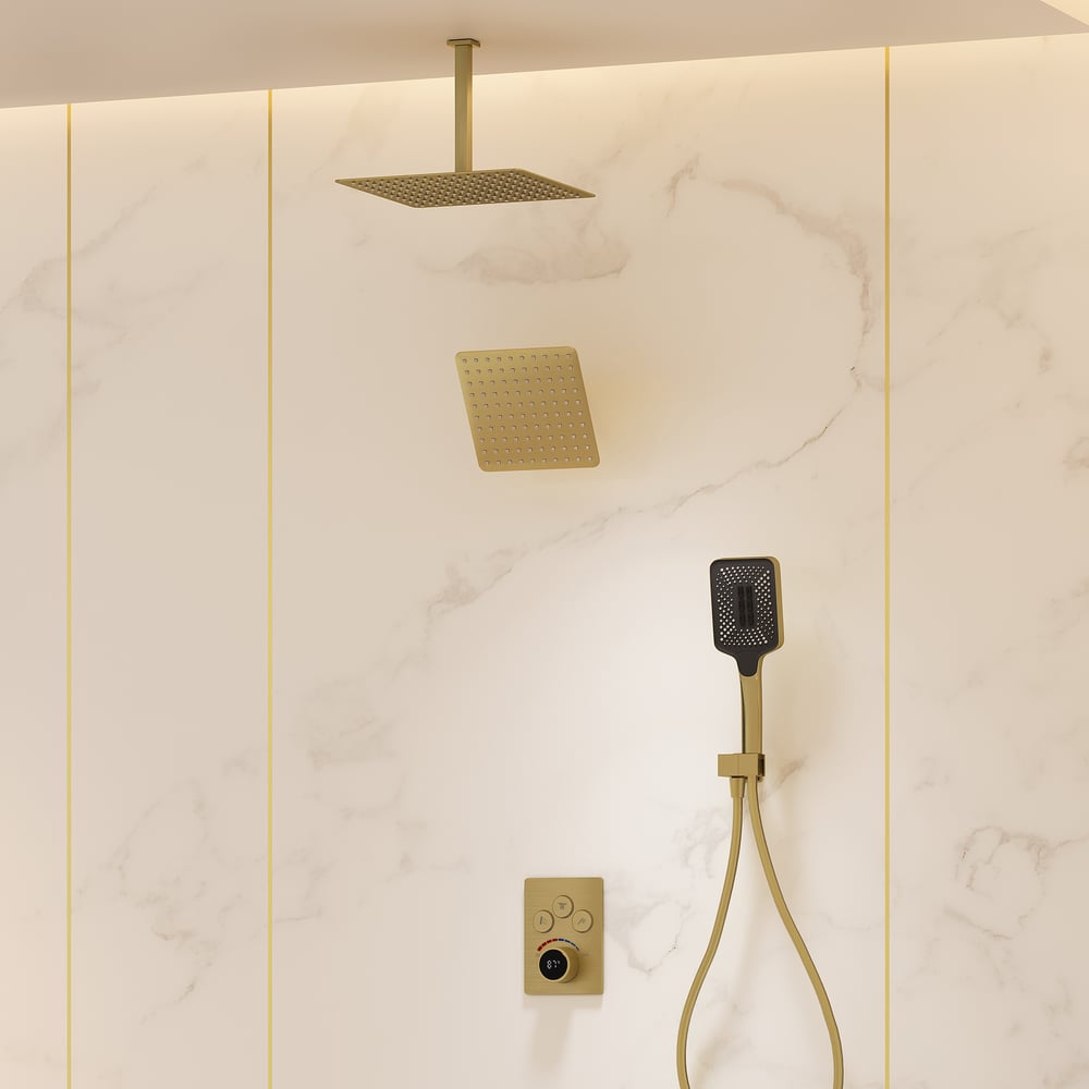 Dual Head Shower System – 12" Ceiling & 8" Wall Shower with Handheld, Solid Brass window image