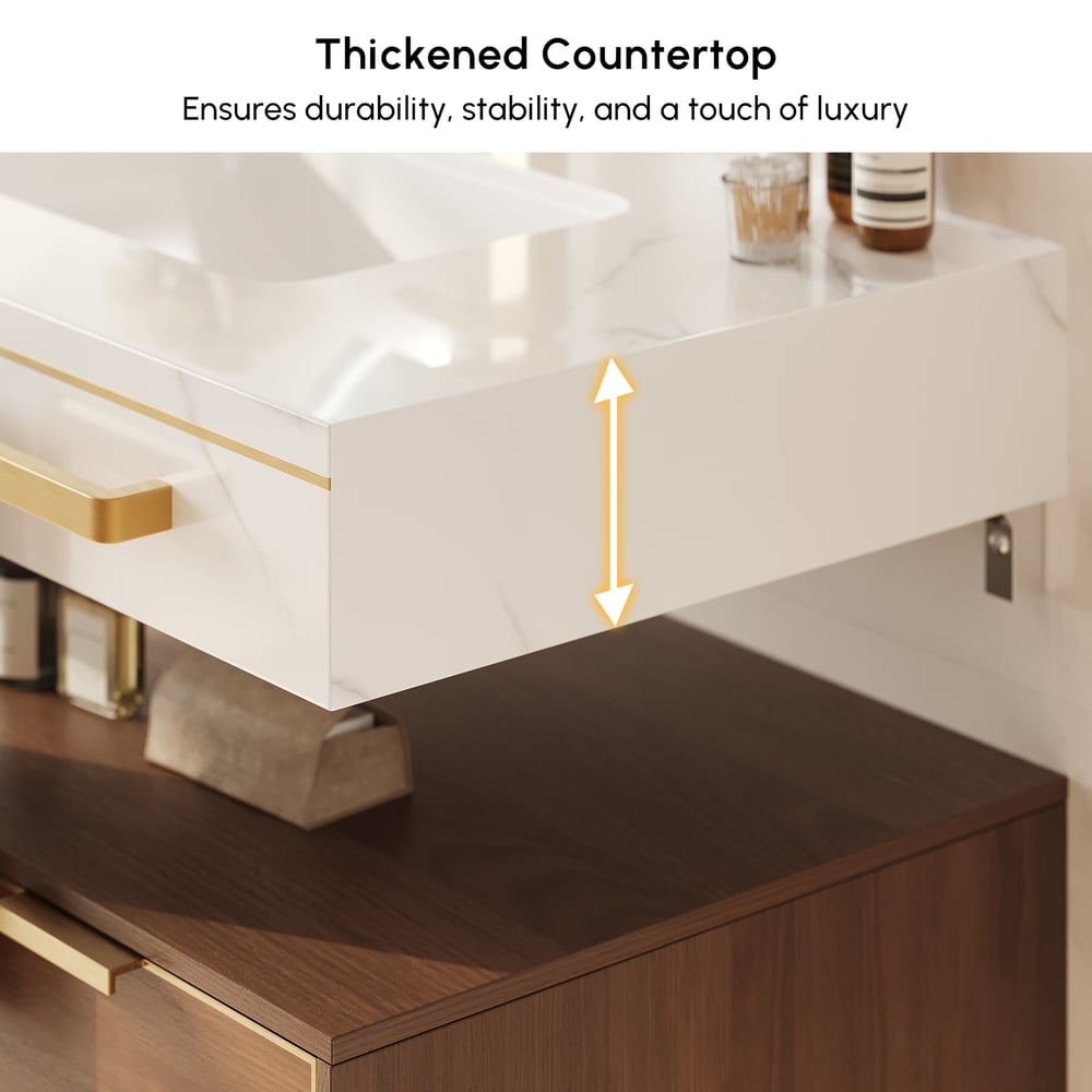 36" Modern Wall-Mounted Bathroom Vanity with LED Light, Walnut Cabinet & Ceramic Sink window image