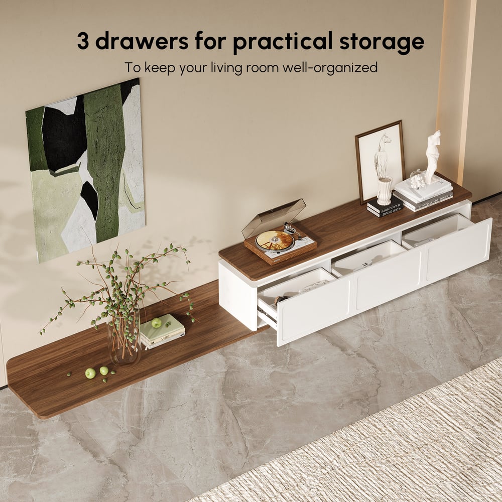 Ambra Extendable TV Stand with 3 Drawers and Light Coffee Table Set window image