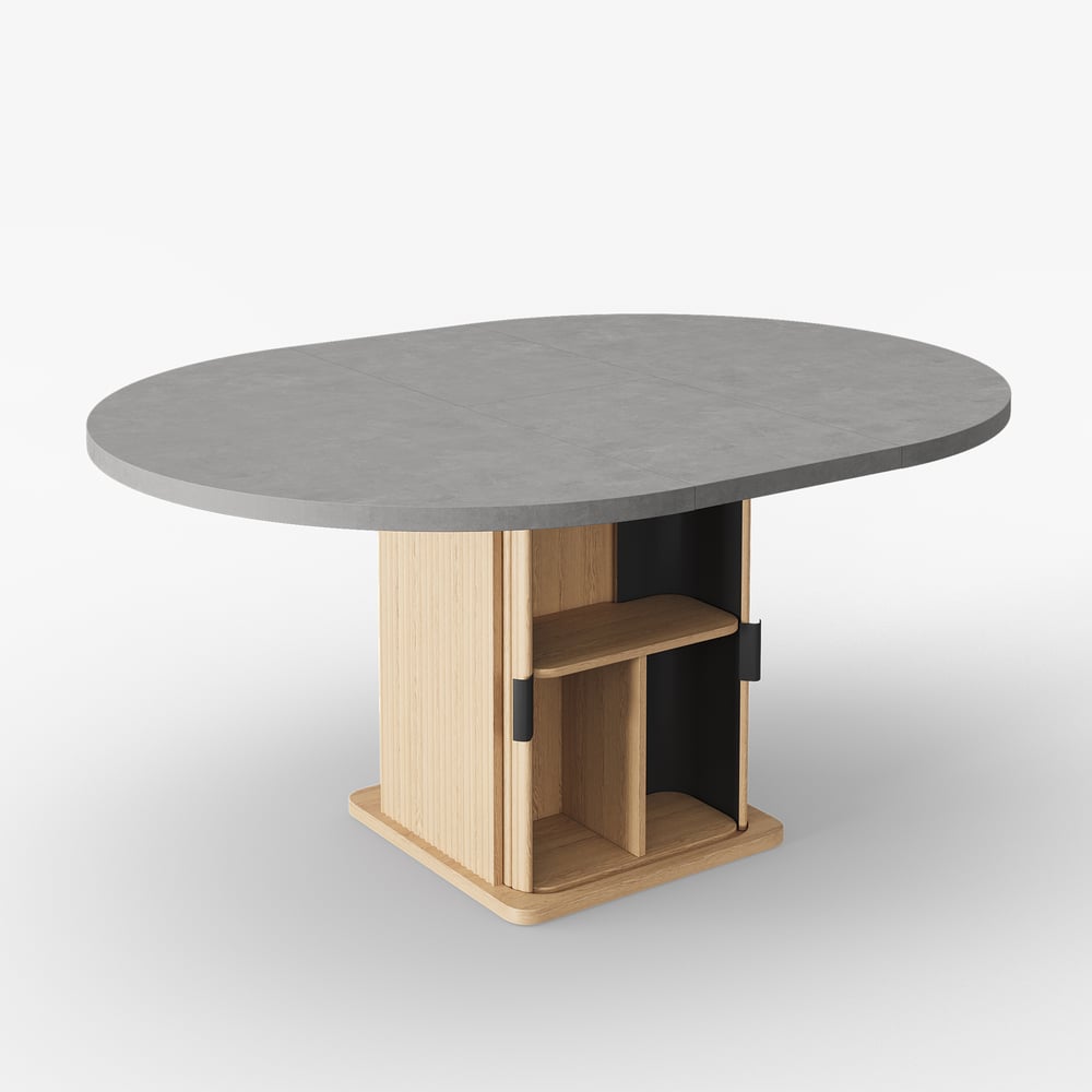 47"-63" Gray Extendable Dining Table with Fluted Base and Storage window image
