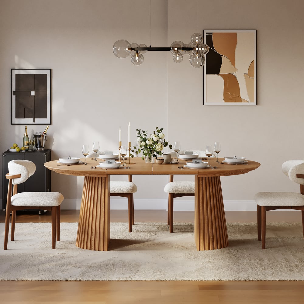 47"–79" Natural Oak Extendable Dining Table with Fluted Base window image