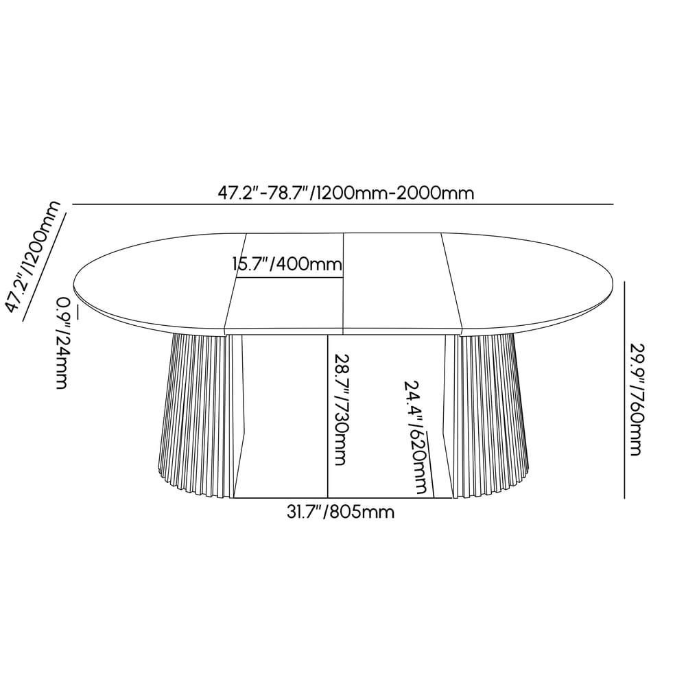 47"–79" Natural Oak Extendable Dining Table with Fluted Base weights dimensions image