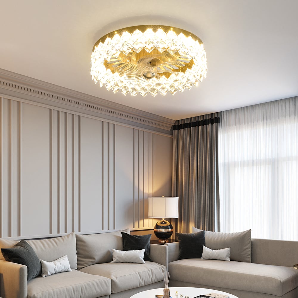Golden Crystal Fan Lamp with Adjustable Brightness & Color and Diamond Decor window image