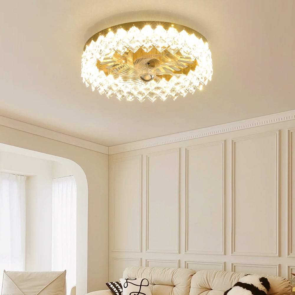 Golden Crystal Fan Lamp with Adjustable Brightness & Color and Diamond Decor window image