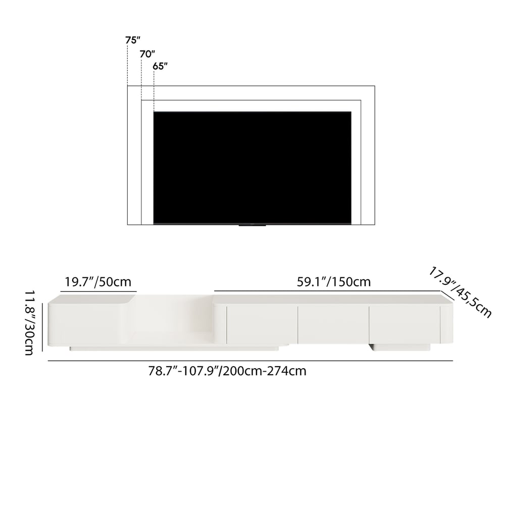 Meuble TV extensible avec 4 tiroirs de 200 cm à 274 cm en blanc cassé Poids, dimensions, image