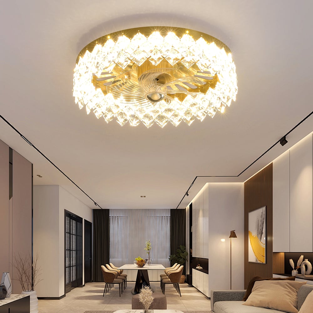 Golden Crystal Fan Lamp with Adjustable Brightness & Color and Diamond Decor window image