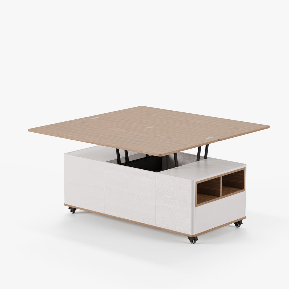 47" Lift-Top Foldable Natural & White Coffee Table with Drawers & Cabinet window image