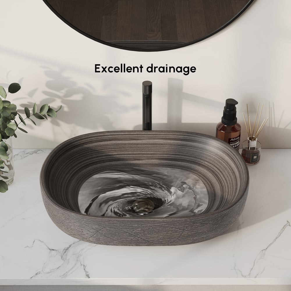 23" Grey Oval Ceramic Bathroom Sink – Matte Glazed Vessel Sink window image