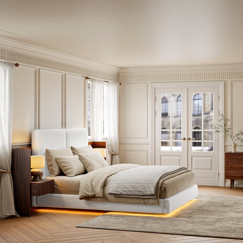 Lit en bois massif 180 x 200 cm avec tête de lit allongée en boucle et ensemble de table de chevet intelligente flottante image de fenêtre