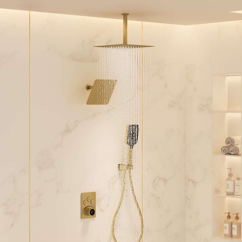 Dual Head Shower System – 12" Ceiling & 8" Wall Shower with Handheld, Solid Brass window image