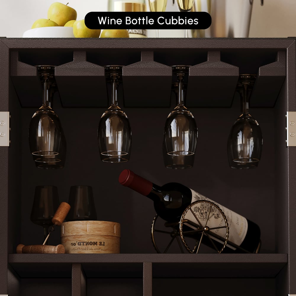 Saddle Leather Mobile Wine Cabinet with Glass Racks and Storage Doors window image