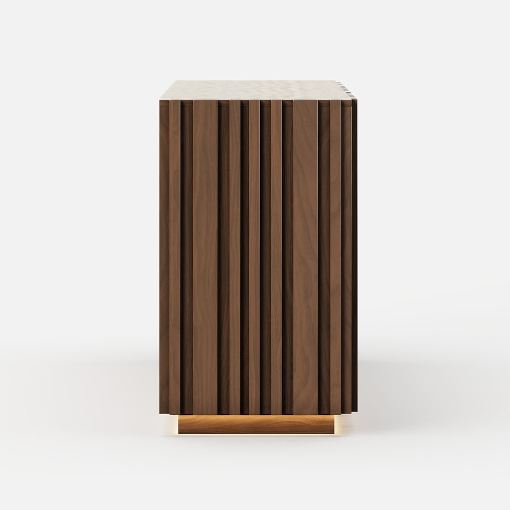 Aura 60" Faux Travertine Top Buffet Sideboard with Ash Wood Slatted Panels & Light window image