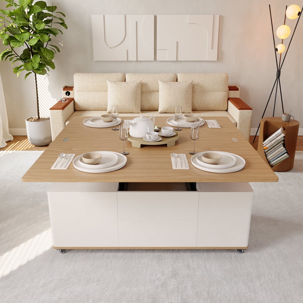 47" Lift-Top Foldable Natural & White Coffee Table with Drawers & Cabinet window image