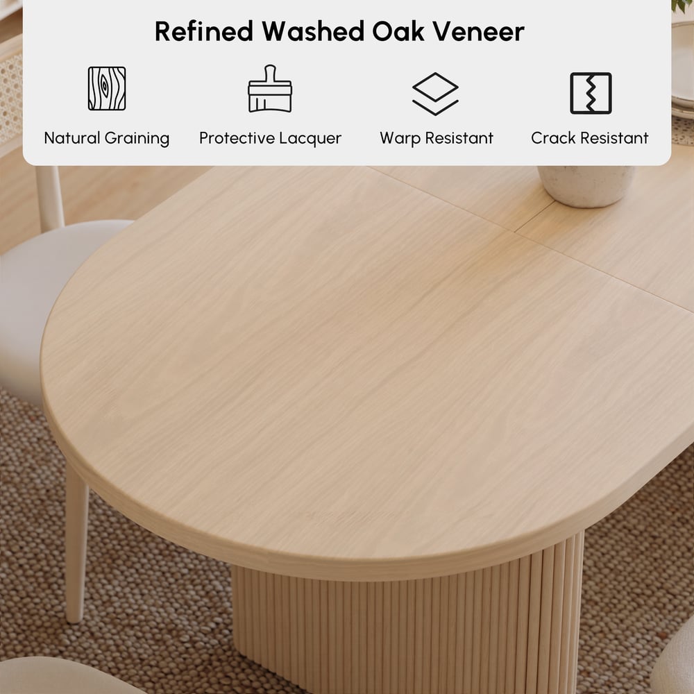 63"-79" Japandi Style Oval Extendable Dining Table Whitewash Seats 6-8 People window image