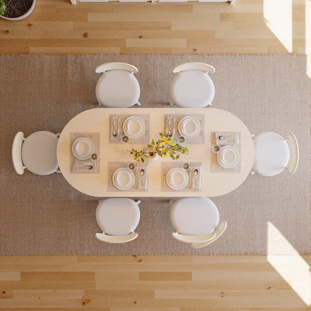 63"-79" Japandi Style Oval Extendable Dining Table Whitewash Seats 6-8 People window image