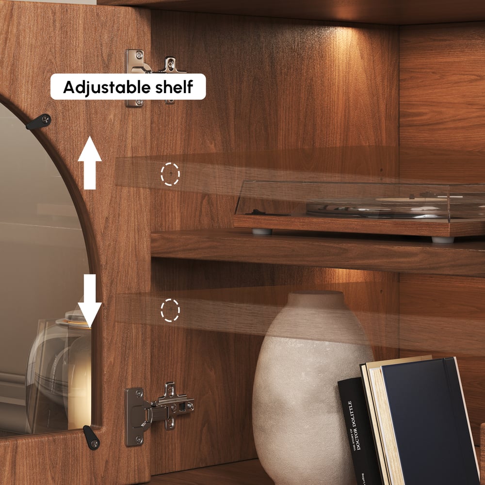 Arune 80" Arched Glass Doors Walnut TV Stand with Storage and LED window image