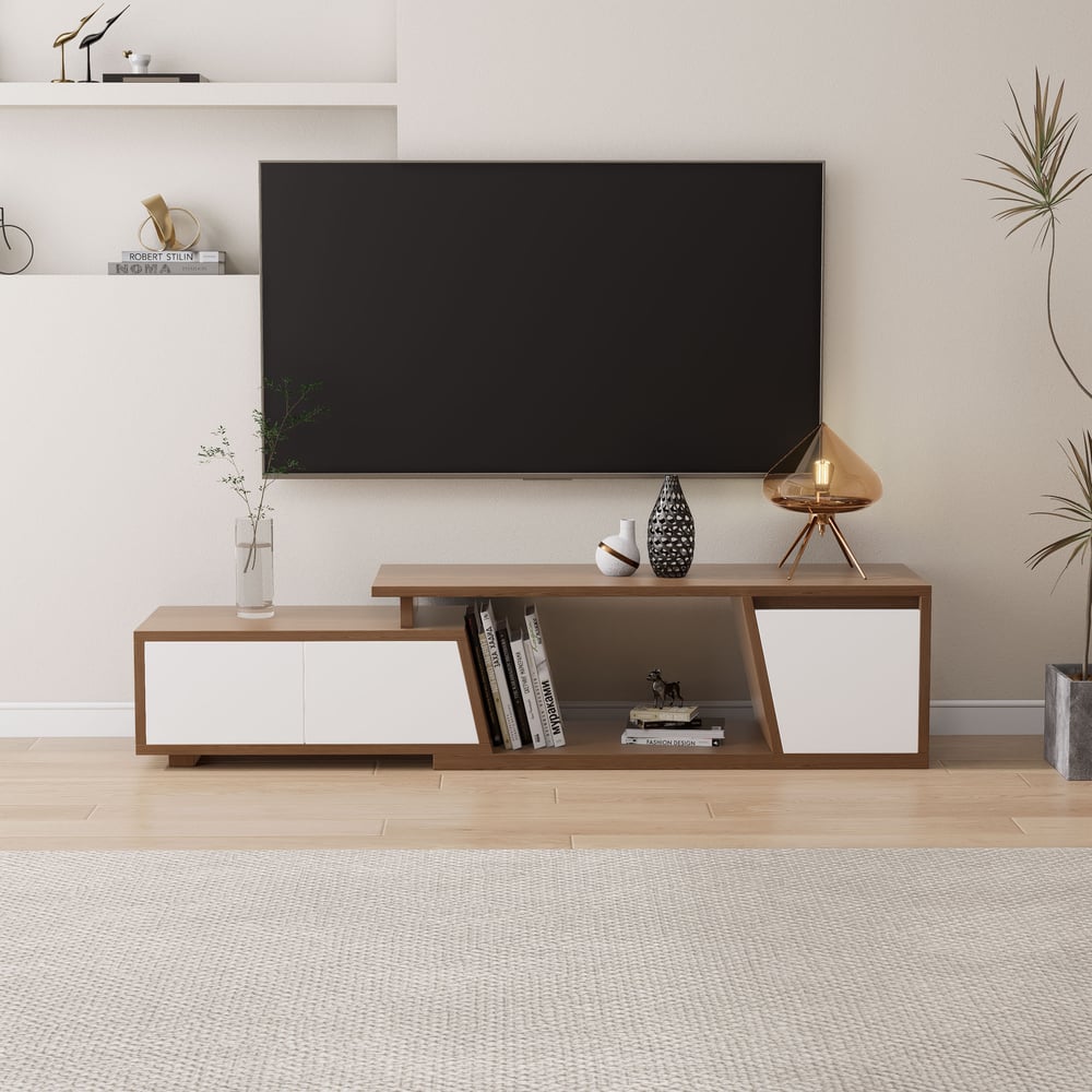 Wysuwana szafka telewizyjna Fero w kolorze białym i orzechowym z 3 szufladami, 120-180 cm obraz okna